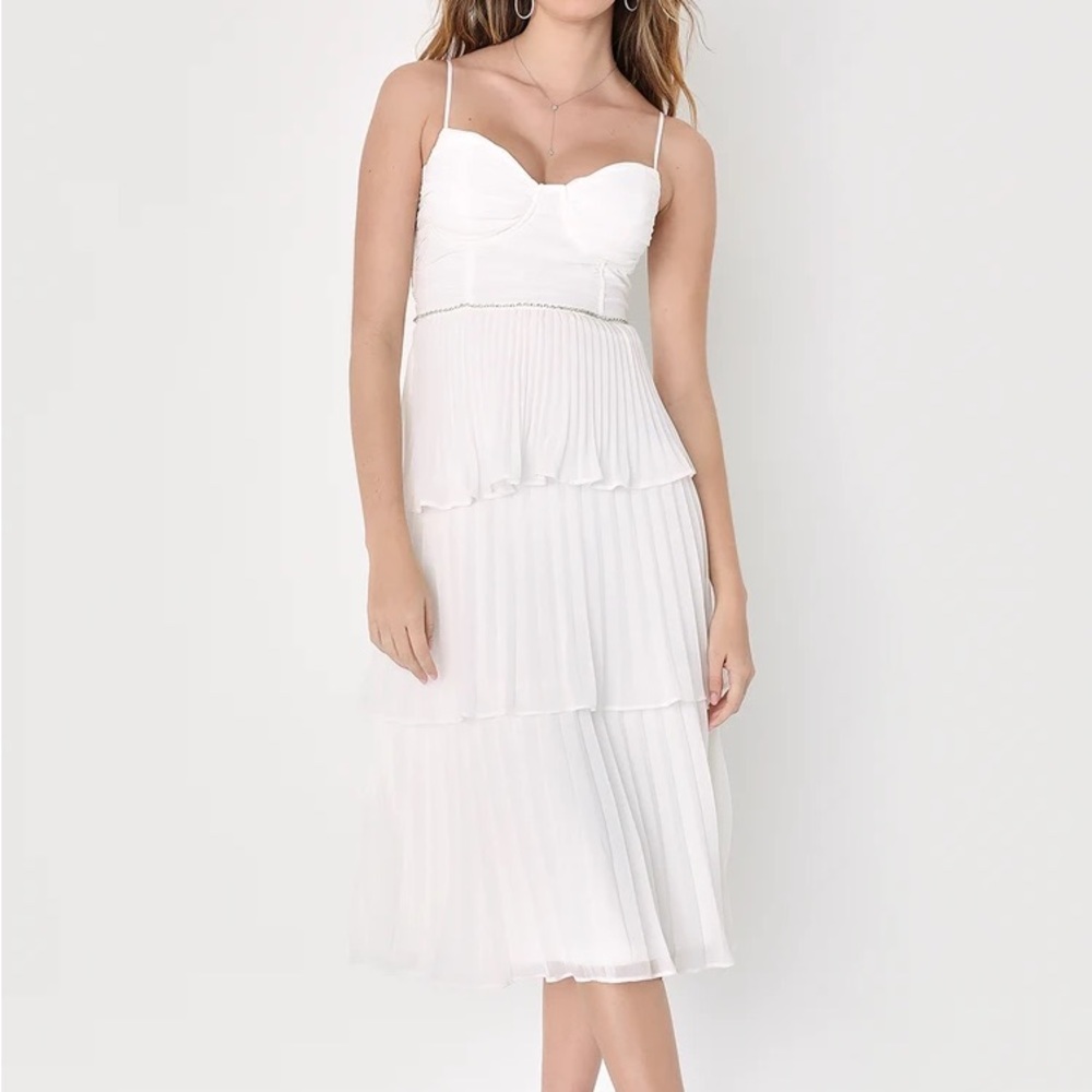 Charming Forever White Pleated Rhinestone Tiered Midi Dress NWT